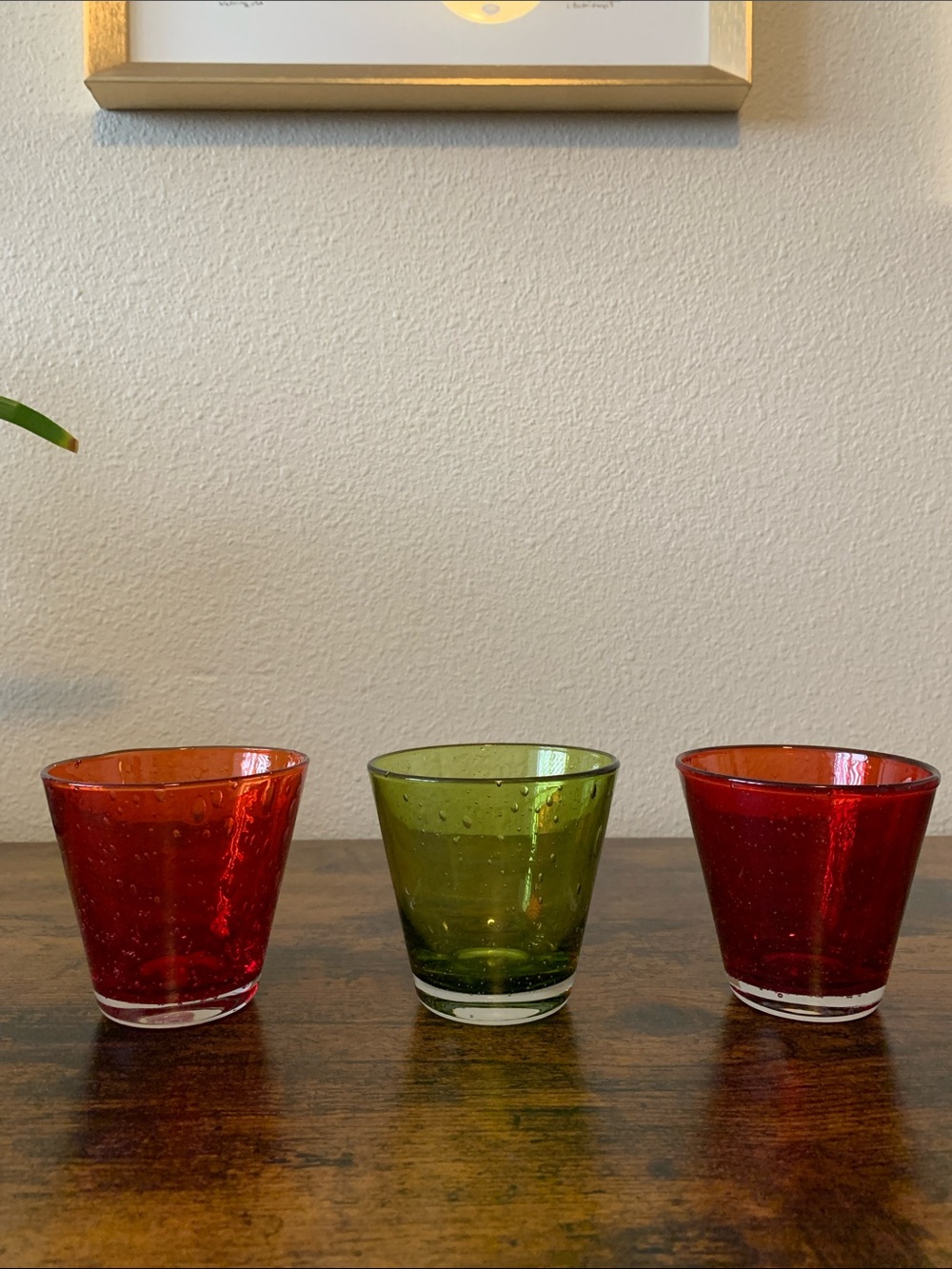Set of 3 Vintage Red & Green Bubble Glass Small Glasses (or Votive Holders)
